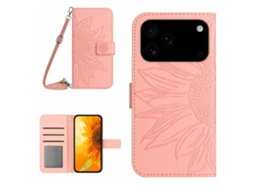 Capa De Couro Para Iphone 17 Pro Com Estampa De Girassol E Cordão.