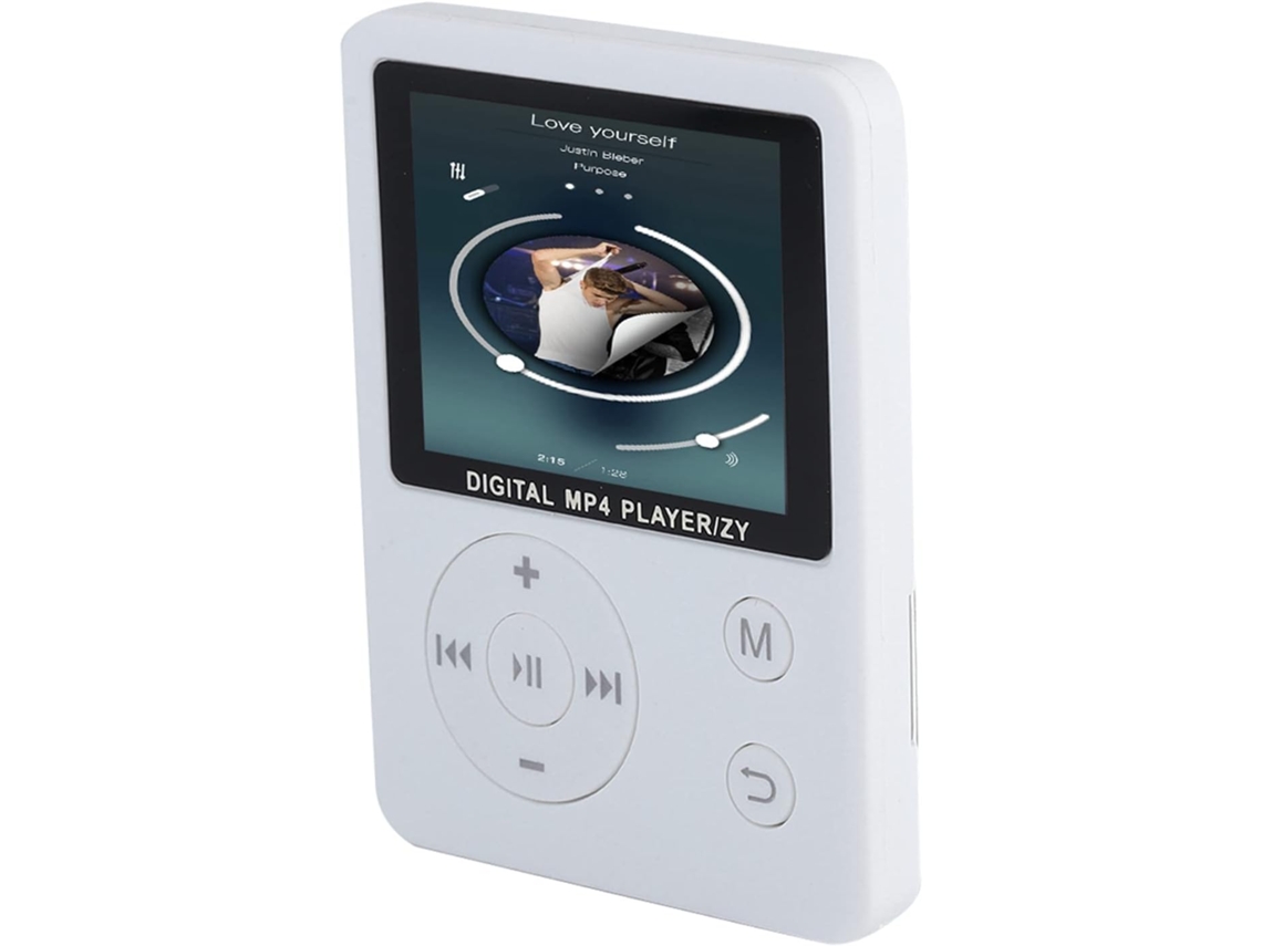 Reprodutor de música portátil, leve e fino, com tecnologia HiFi, entrada USB e anel de botões (branco).
