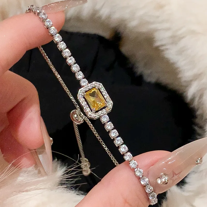 Pulseira Quadrada De Zircônia Cúbica Amarela, Joia Para Festa, Casamento E Noivado