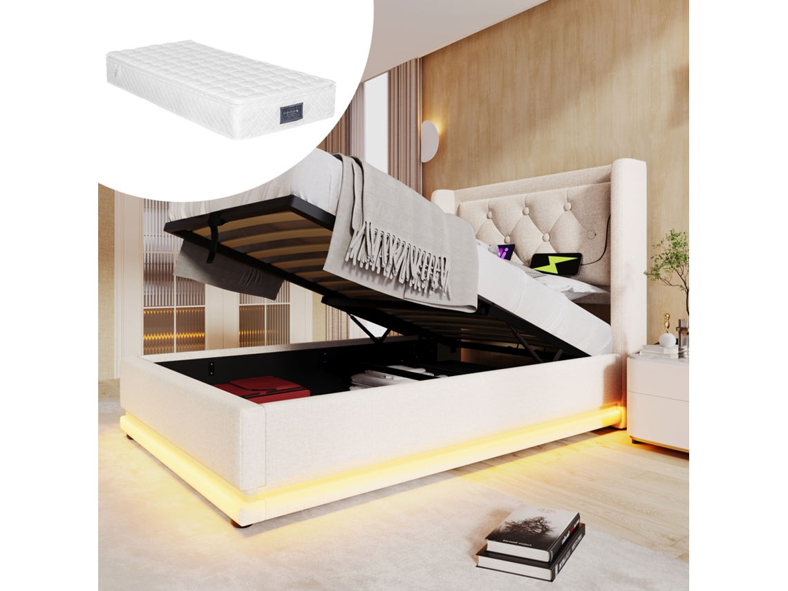 Cama Solteiro 90x200cm Bege Armário Hidráulico Led Usb-c Colchão
