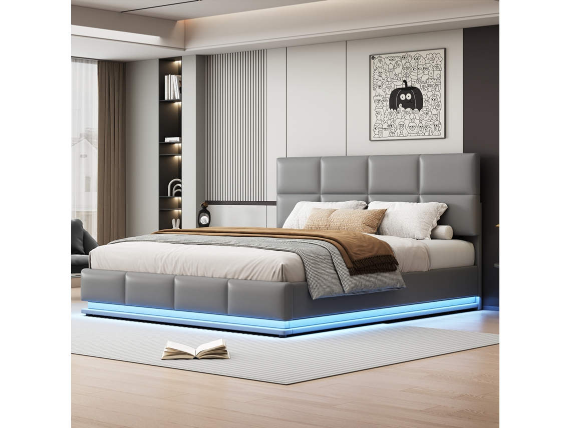 Cama Casal 180x200 Cm Com Led E Armário Hidráulico Couro Cinza Claro