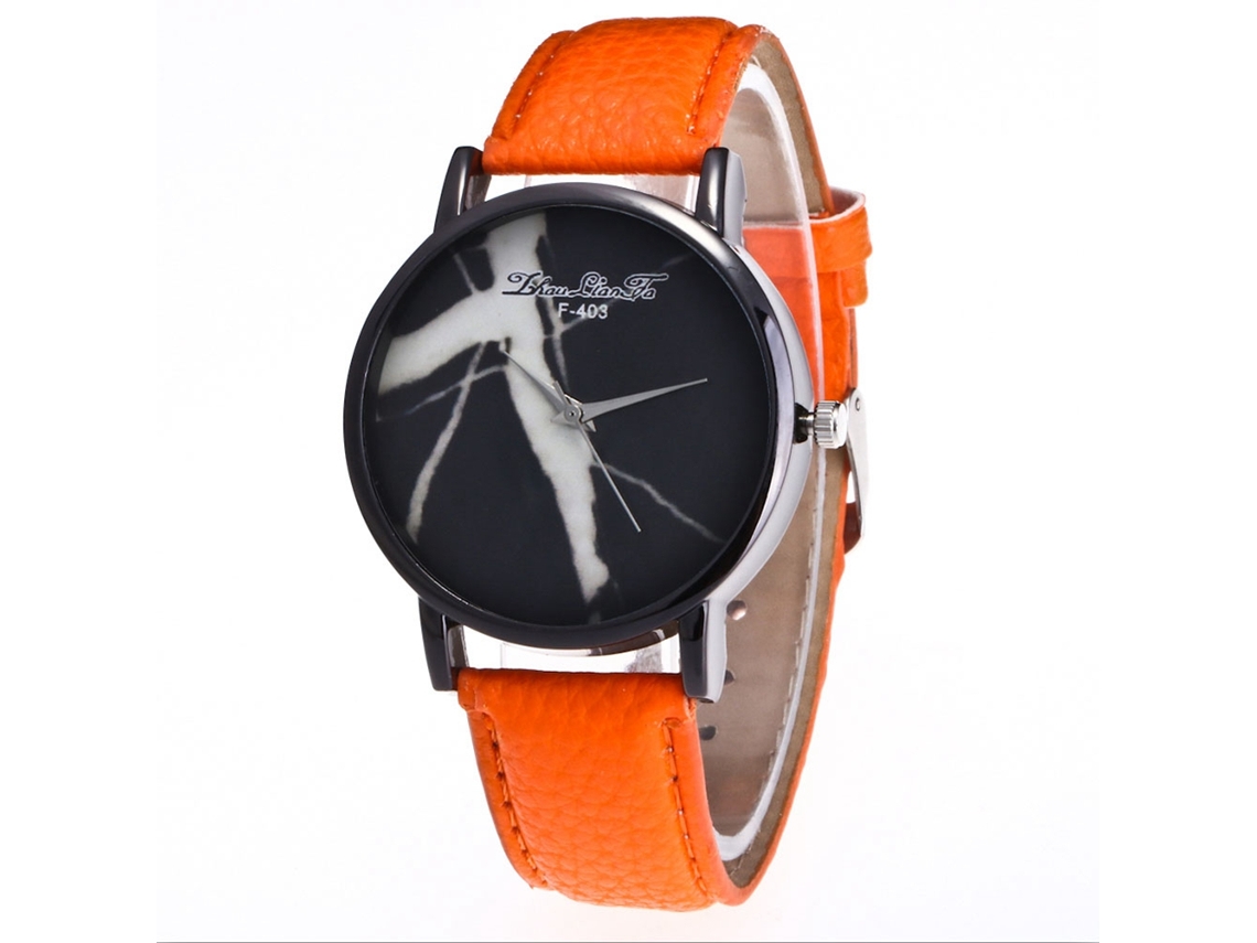 Relógio de Pulso Feminino de Quartzo com Pulseira de Couro Pu Estilo Simples e Dial Redondo Laranja