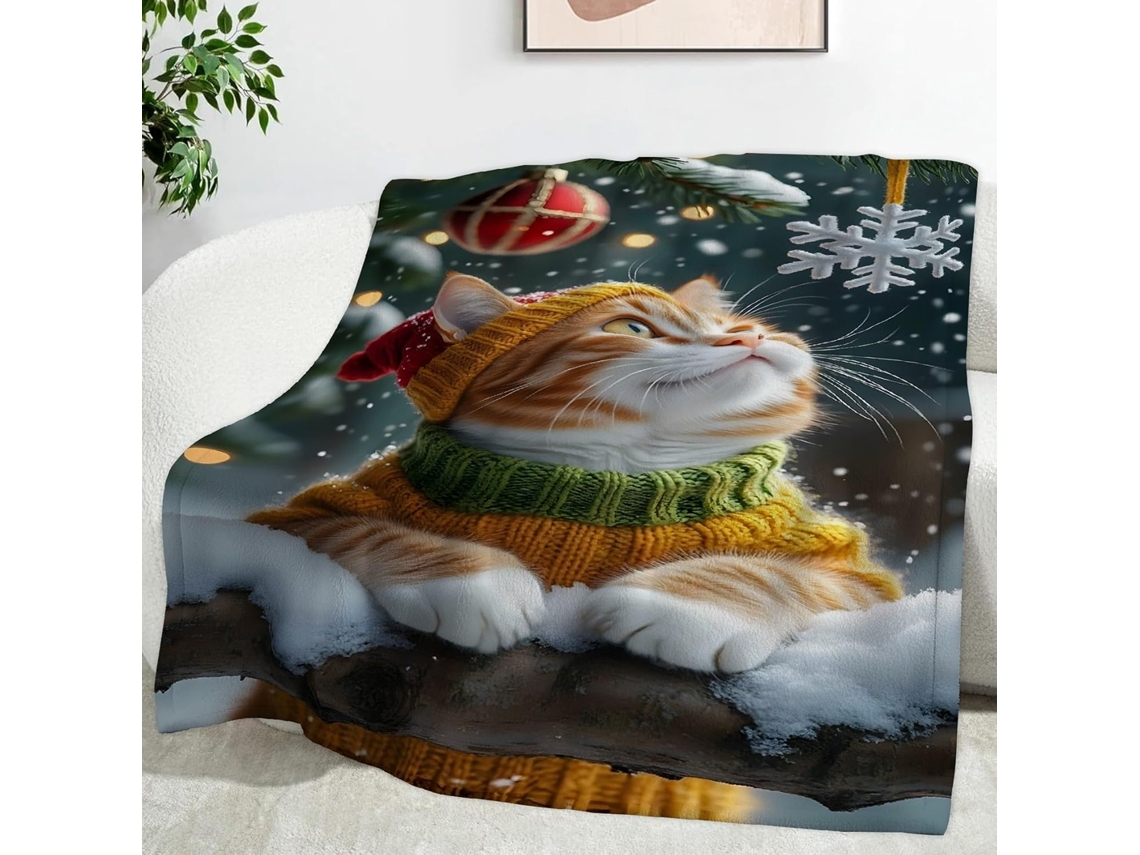 Manta de Desenho Animado com Gato e Floco Neve 220x240 Cm Multifuncional Macia Aconchegante em Flanela Ideal P