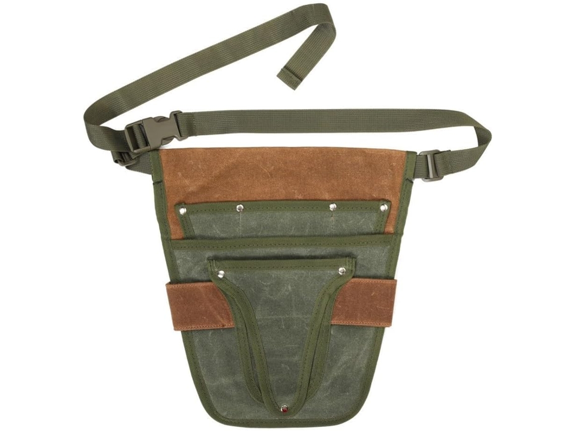 Bolsa para ferramentas de jardim em lona encerada com 8 compartimentos para itens essenciais de jardinagem e transporte.