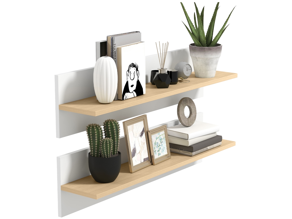 Conjunto De 2 Prateleiras Flutuantes De Parede, Design Misto Branco E Madeira Natural