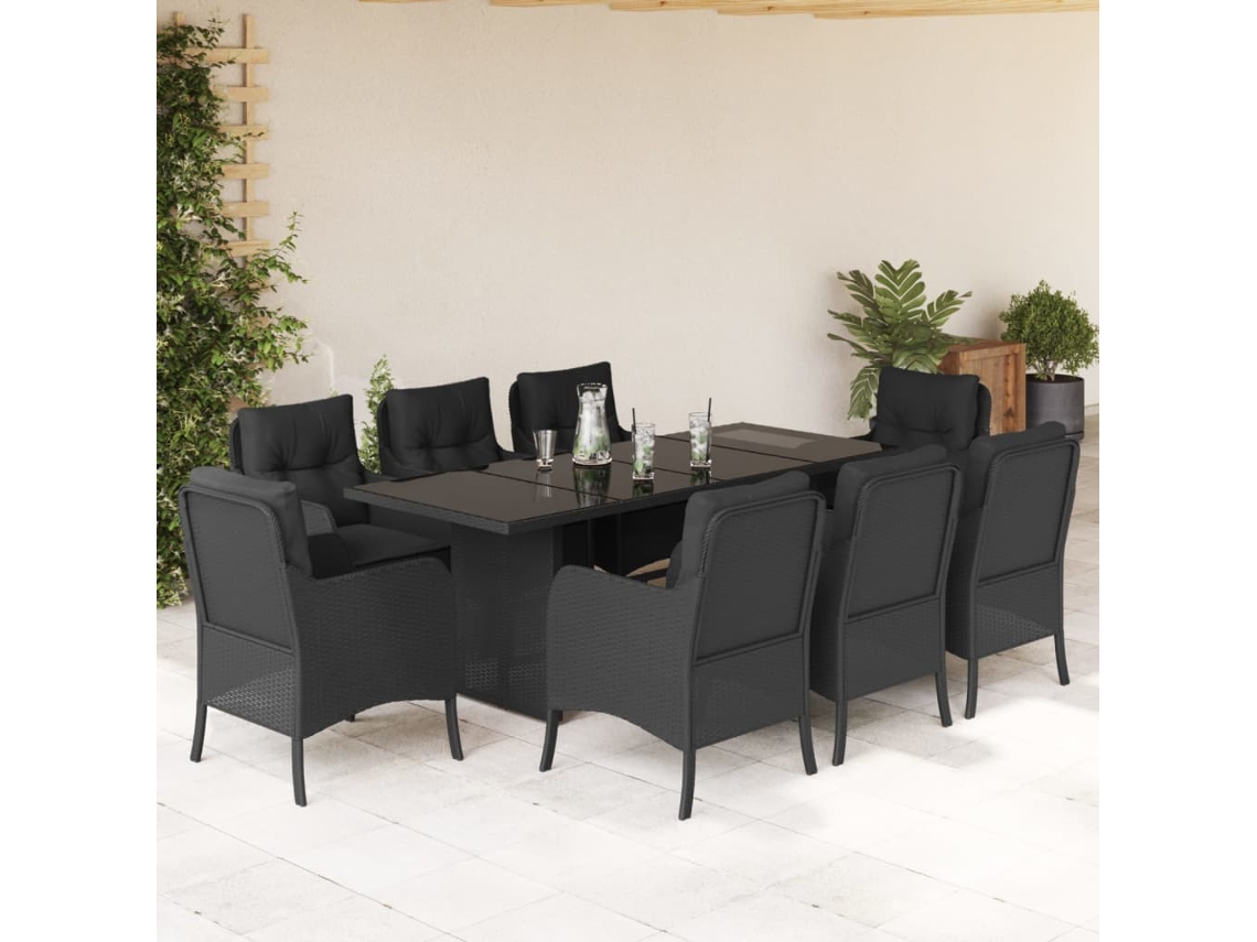 Vidaxl 9 Pcs Conjunto De Jantar P/ Jardim C/ Almofadões Vime Pe Preto
