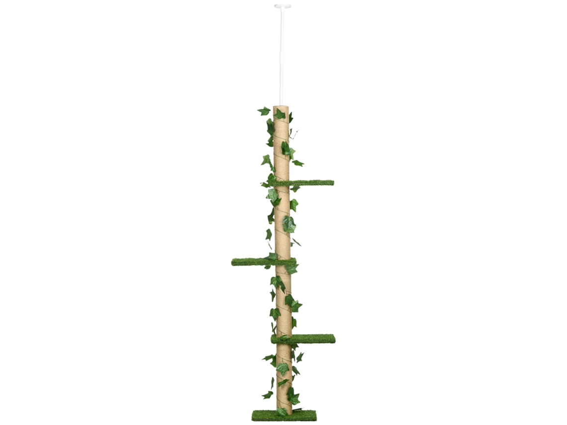 Árvore Do Chão Ao Teto 37x21x202-242 Cm Com 4 Plataformas De Relva Artificial Folhas E Poste De Juta Verde