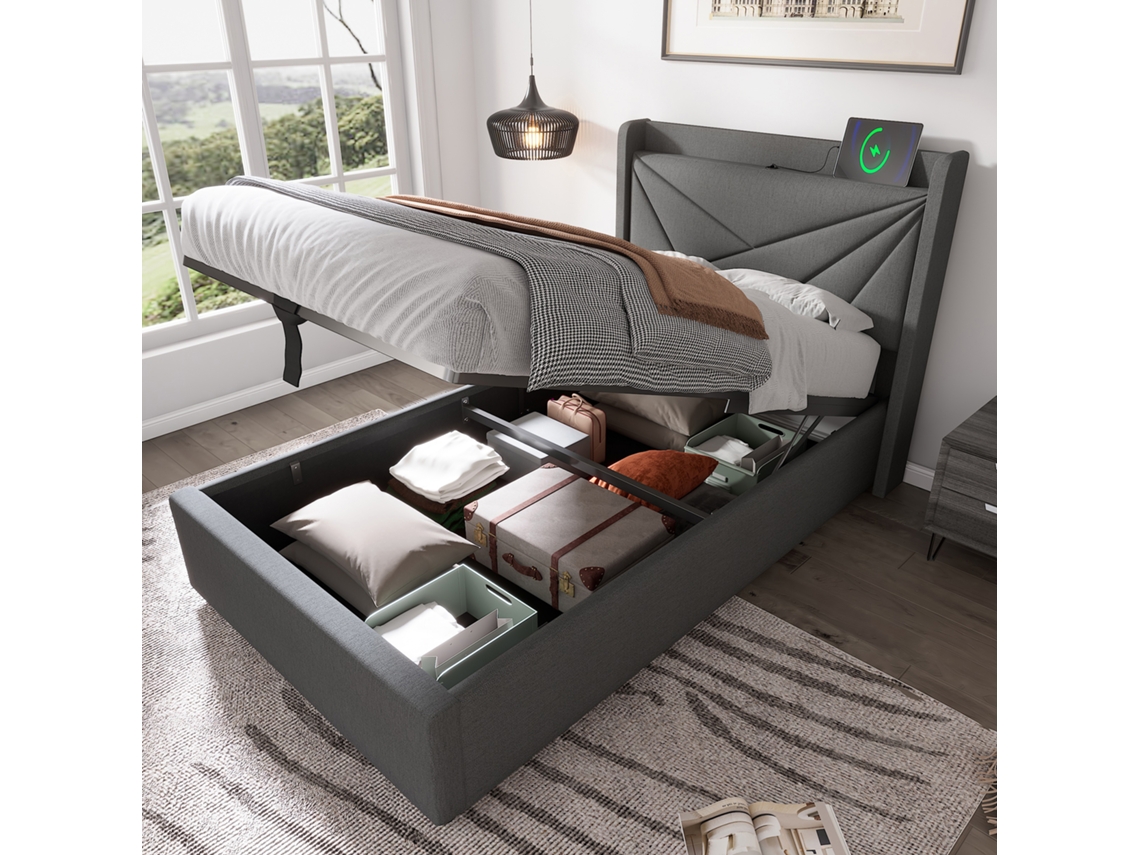 Cama Individual 90x200 Com Armário E Carregamento Usb-c Apoio Linen Sem Colchão