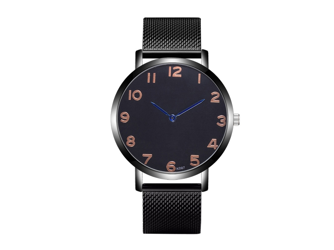 Relógio masculino de negócios, movimento de quartzo, pulseira de malha metálica e mostrador preto.