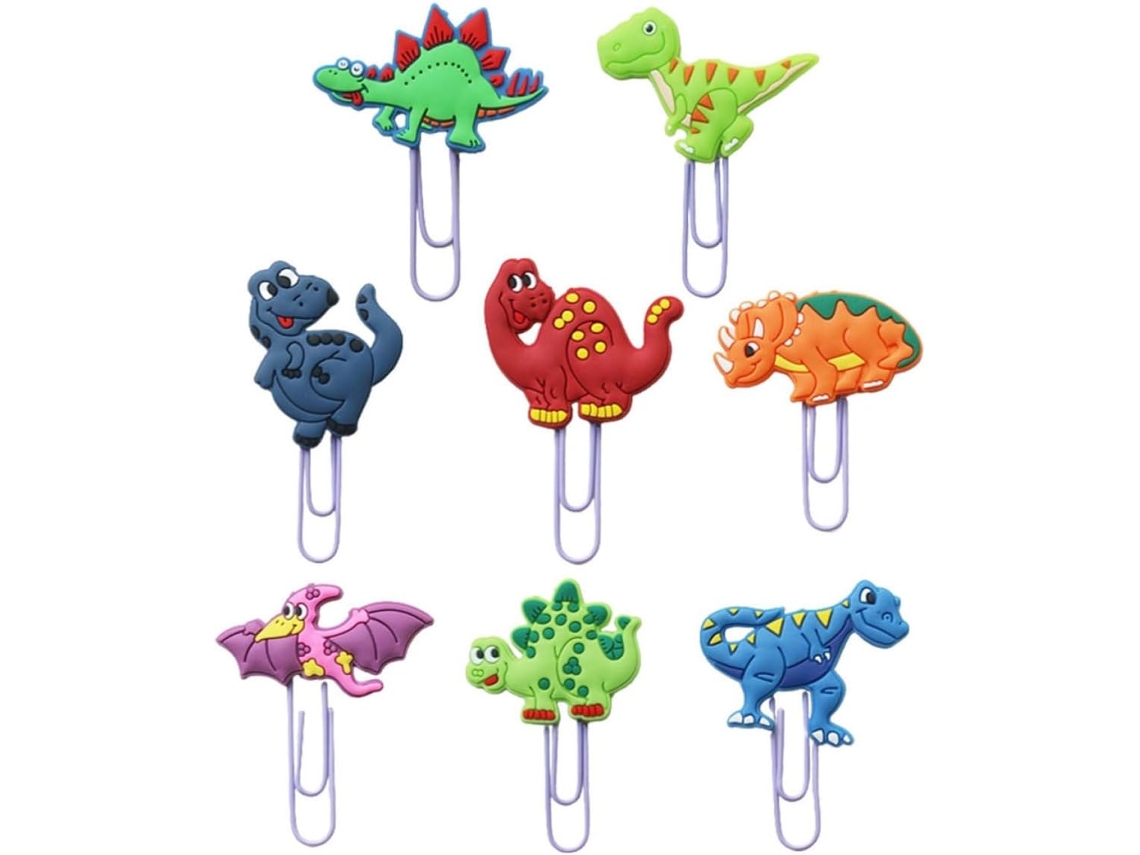 Conjunto de 8 clipes de papel em PVC com formato de dinossauro pequeno, organizadores criativos e delicados para livros e anotações.