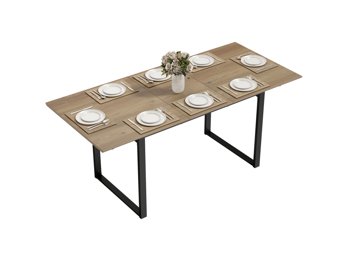 Mesa Natural E Preta, Para Cozinha E Sala De Jantar, Em Madeira E Aço, Com Base E Retangular, 140-180 Cm