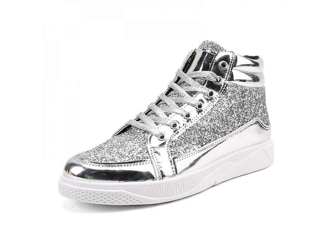2026-zapatillas Altas De Homem Com Glitter Para Festa Casual Esportivas Sapato De Couro E Sola De Borracha 43 Plata