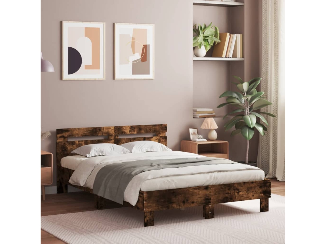 Vidaxl Estrutura Cama C/ Cabeceira/luzes Led 135x190cm Carvalho Fumado