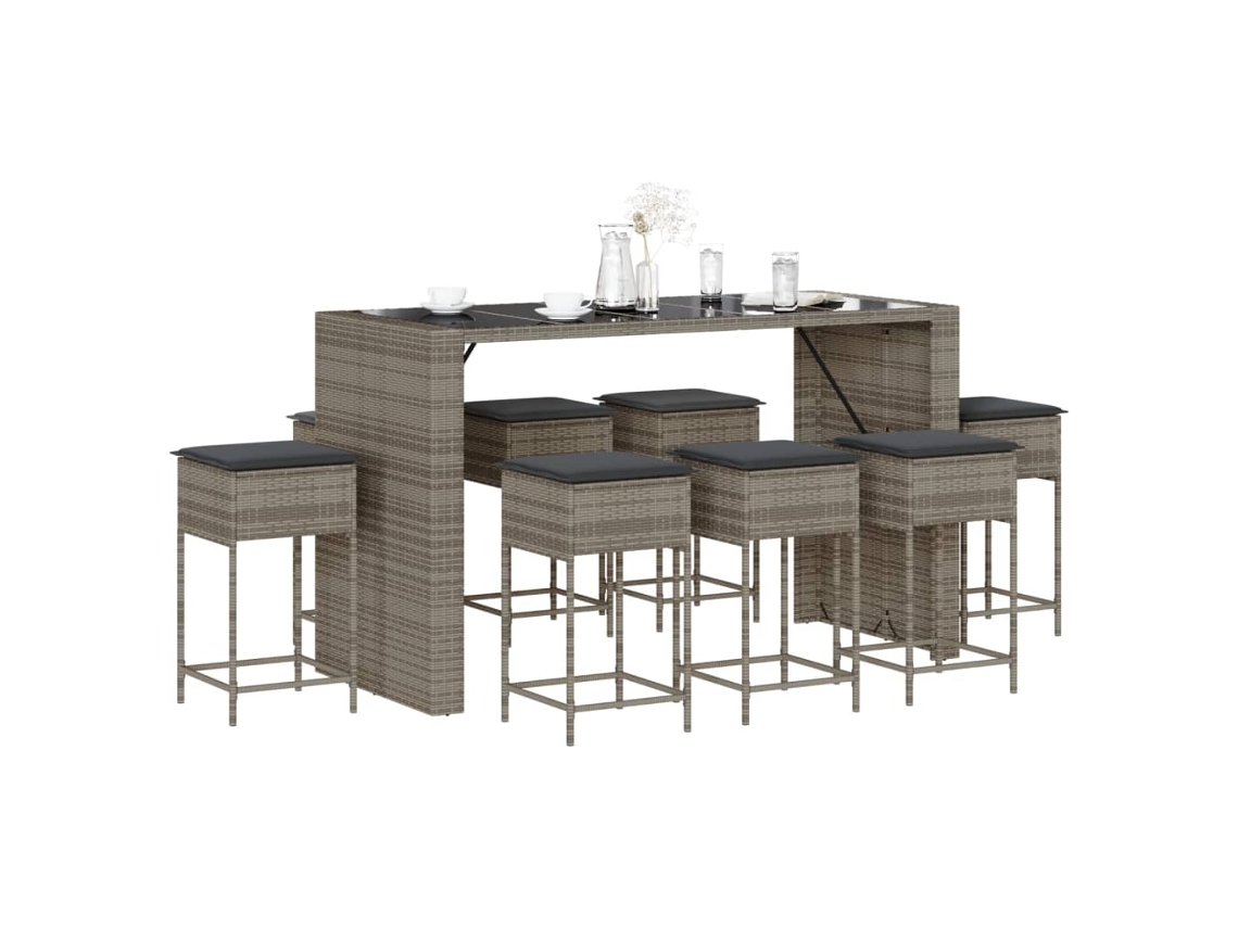 Vidaxl 9 Pcs Conjunto De Bar P/ Jardim C/ Almofadões Vime Pe Cinzento