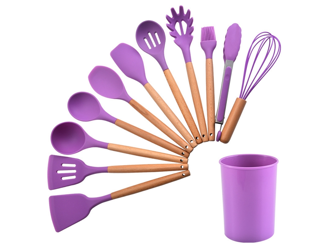 Conjunto De Utensílios Cozinha Silicone 12 Peças, Roxo, Cabo Madeira,