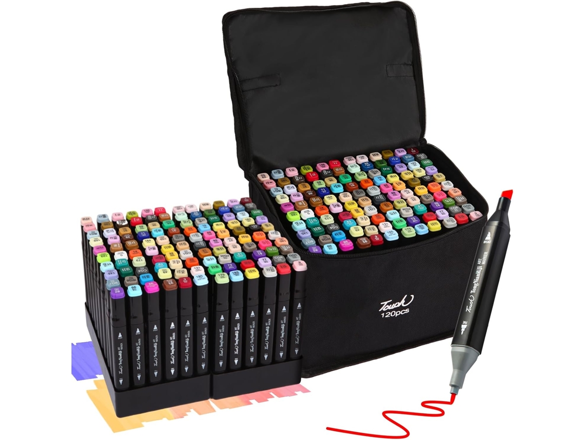 Conjunto de 120 Marcadores À Base de Álcool Artísticos Permanentes de Ponta Dupla com Estojo para Artistas Infantis e Adultos AQUAFORGE