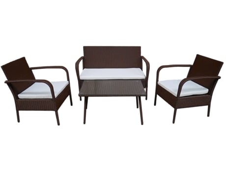 Conjunto de Jardim HAPPY GARDEN Lipari em Resina Trançada Castanho (4 Lugares - Almofadas Bege)