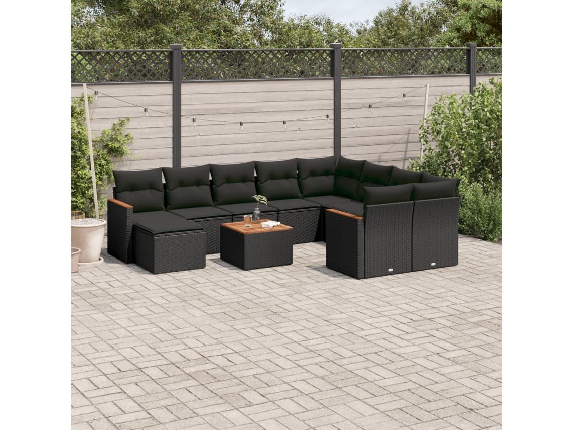 Vidaxl 11 Pcs Conjunto Sofás De Jardim C/ Almofadões Vime Pe Preto