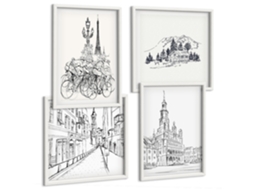 Composição De Quadros Desenhos Simples De Paisagens Urbanas Moldura Branca Imagens Para Um Quarto Infantil Espelharte (conjunto De 4 Imagens)