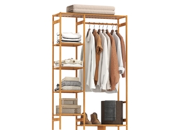 Portant À Vêtements BTFORUS em Bambu com 6 Níveis de Armazenamento e Tringle de Suspensão 90x30x145 cm em Madeira Natural