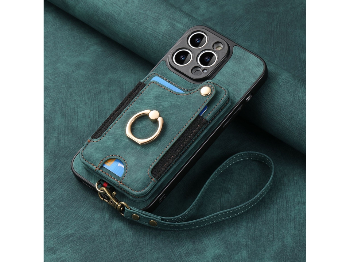 Adequado Para Capa De Couro Para Celular Iphone, Escova Antifurto Rfid, Fivela De Anel, Cordão, Suporte Para Cartão Multifuncional, Verde Com Cordão