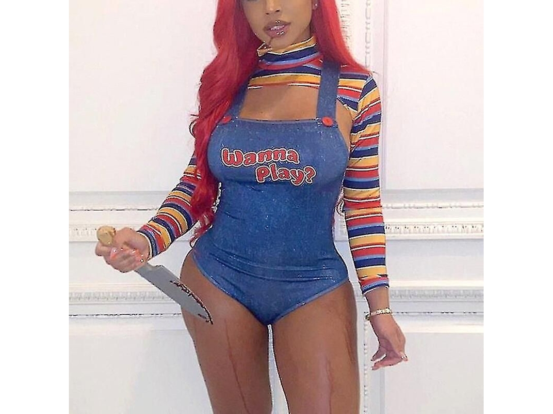 Traje De Boneca Chucky Para Mulher Halloween Terrorífico Assassino Tamanho Slim Poliéster Manga Longa A L