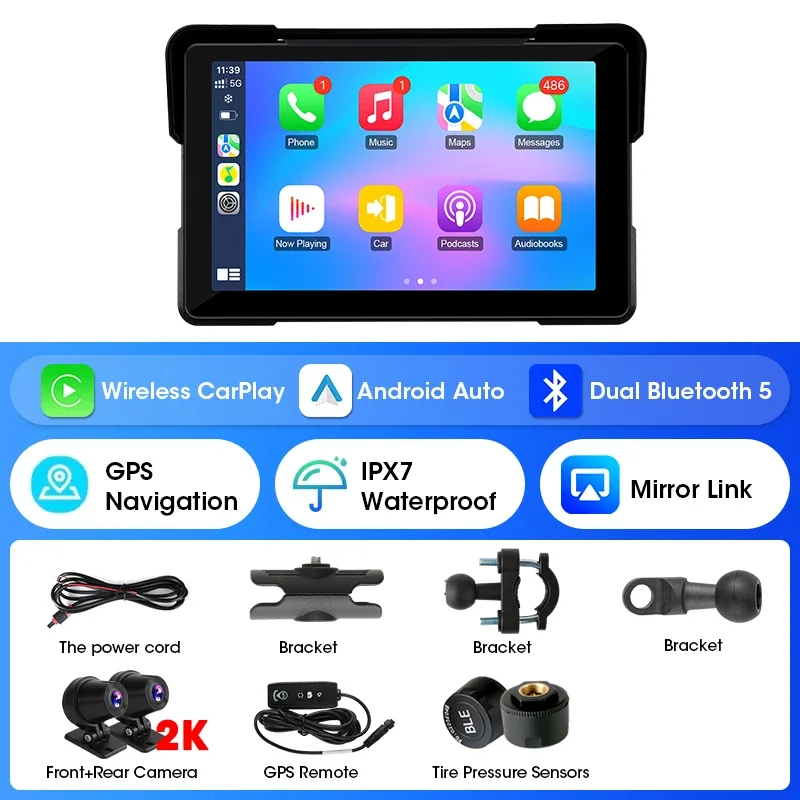 (gps-tpms De 7 Polegadas) Navegação Para Motocicleta De 7 Polegadas, Carplay, Bluetooth Duplo