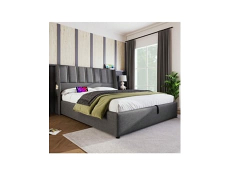 Cama Estofada, Cama Com Arrumação, Portas De Carregamento Usb/tipo C, Bolso Lateral, Cama De Casal Hidráulica 140x200 Cm, Estrutura De Ripas De Madeir