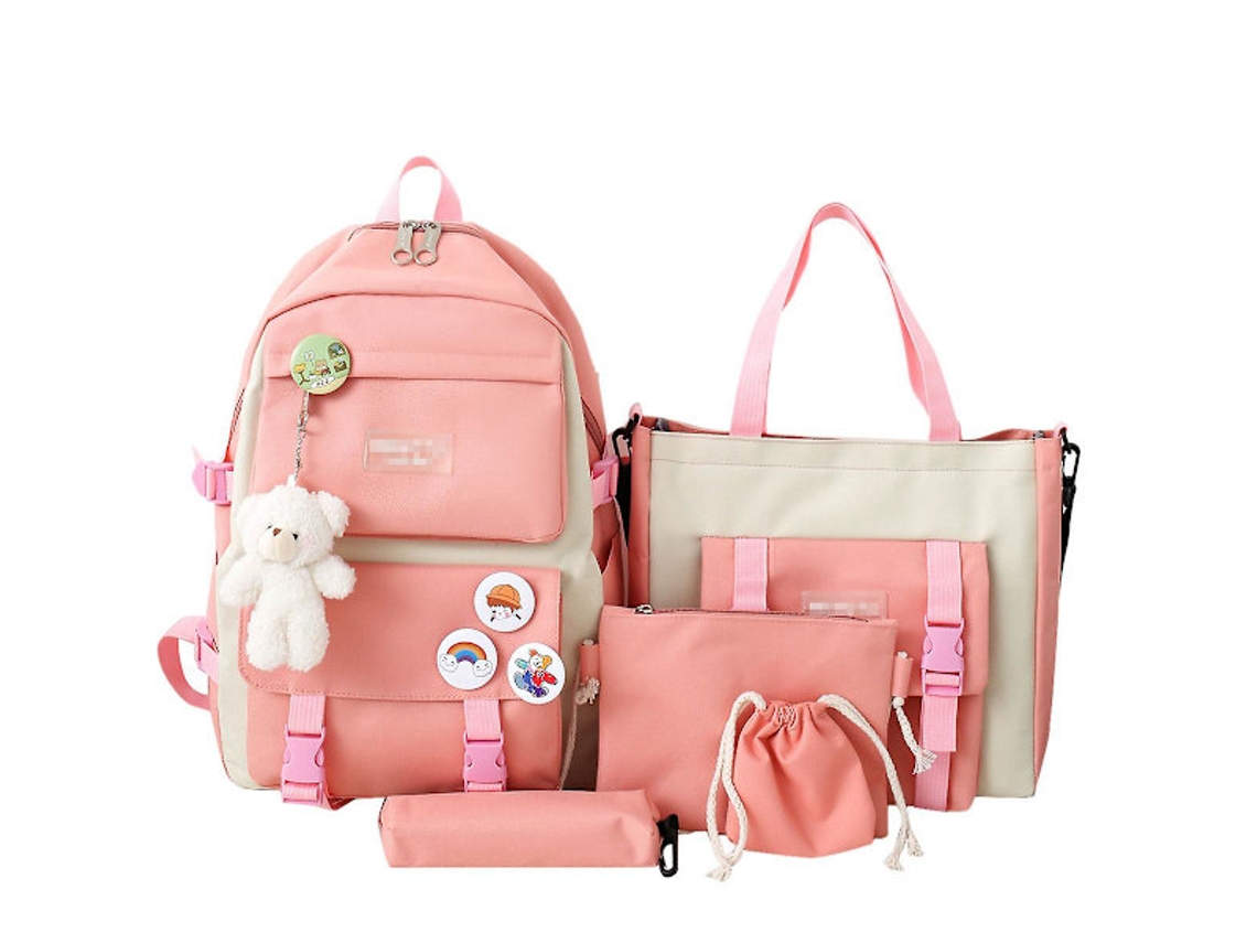 Conjunto De 5 Peças Escolares Para Meninas Mochila, Bolsa Mão, Ombro, Estojo E Sacola Com Cordão, Na Cor Rosa. Aquaforge
