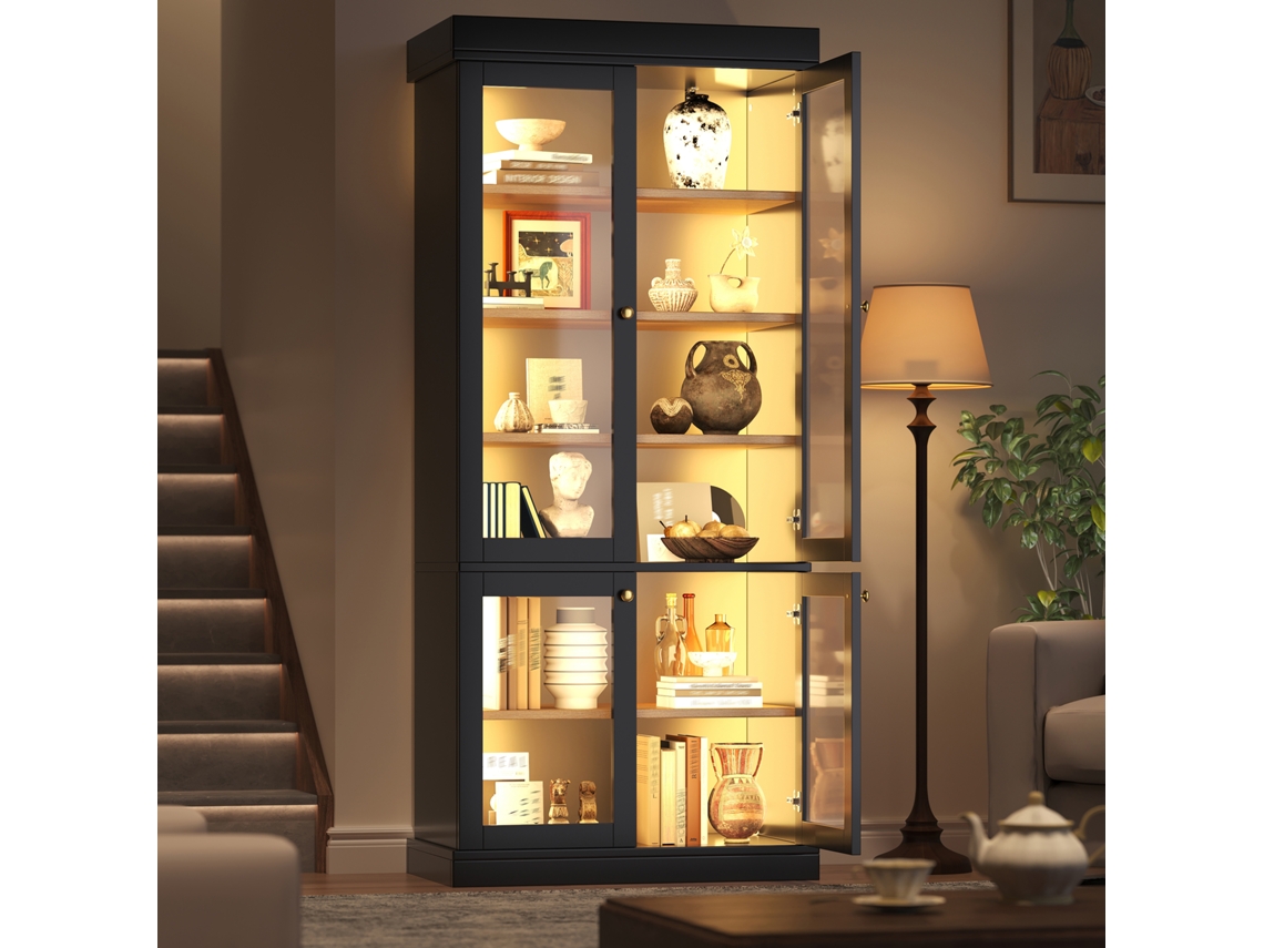 Armário Alto De Design Com Iluminação Ambiente Led E Vitrine Em Vidro, Estrutura Organizada Anti-tombamento Sólido E Prático Cor Preta