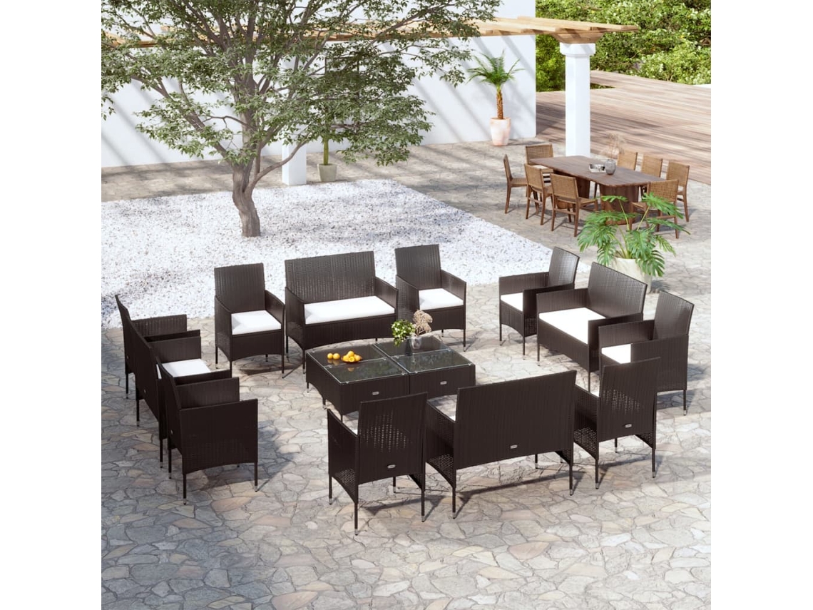 Vidaxl 16 Pcs Conjunto Lounge De Jardim C/ Almofadões Vime Pe Preto