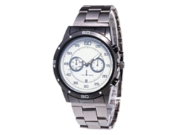Relógio masculino de quartzo com pulseira de aço, mostrador de três mostradores, estilo formal.