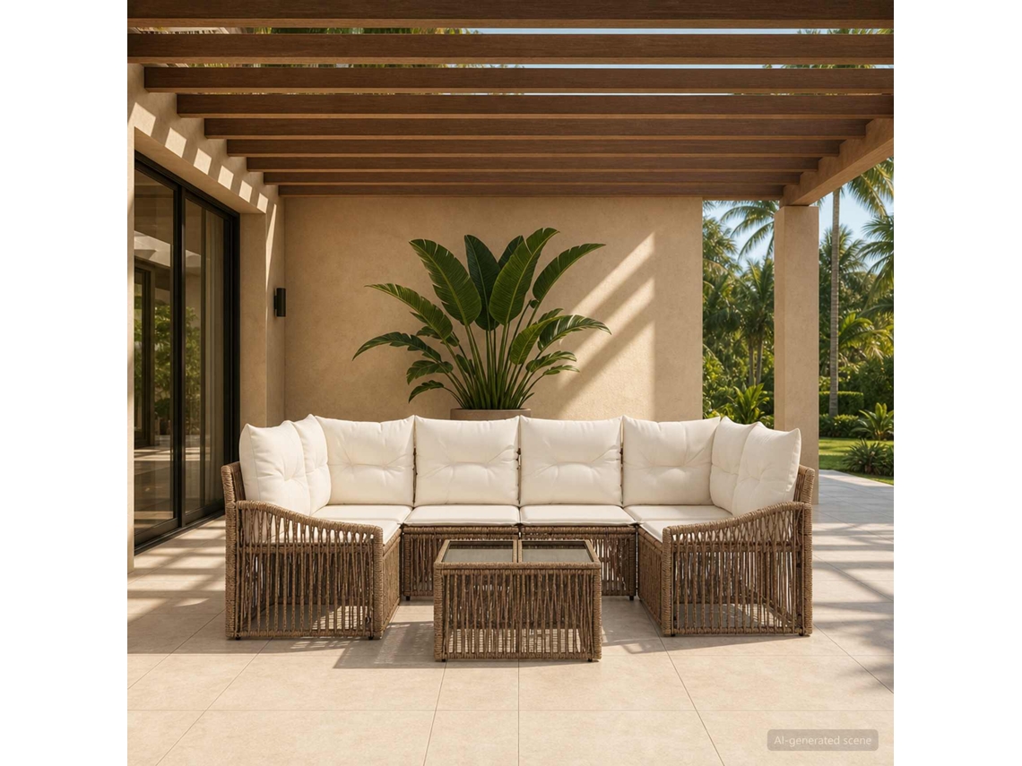 Vidaxl Conjunto De Sofá De Jardim 7 Unid. Bege Vime Pe