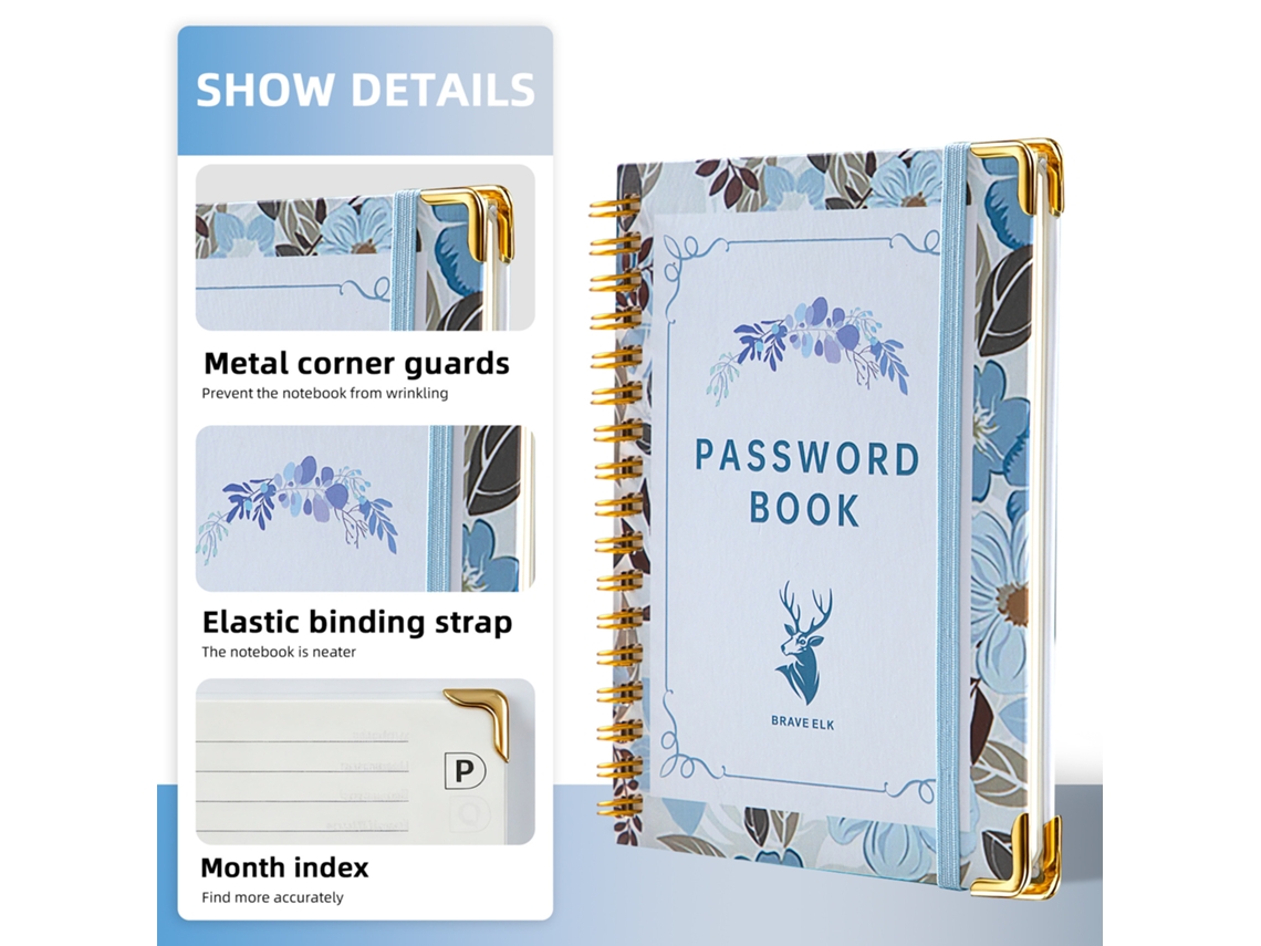 B6 Password Spiral Notebook With Alphabet Tabs, Address Phone Book, 64-sheets, Blue, Corner Protectors Tie Closure