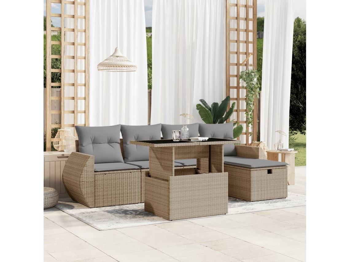 Vidaxl 6 Pcs Conjunto De Sofás P/ Jardim Com Almofadões Vime Pe Bege