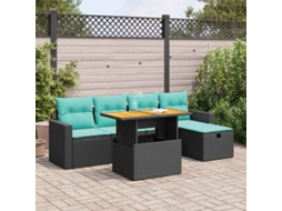 Vidaxl 6 Pcs Conjunto Sofás Jardim C/ Almofadões Vime Pe/acácia Preto