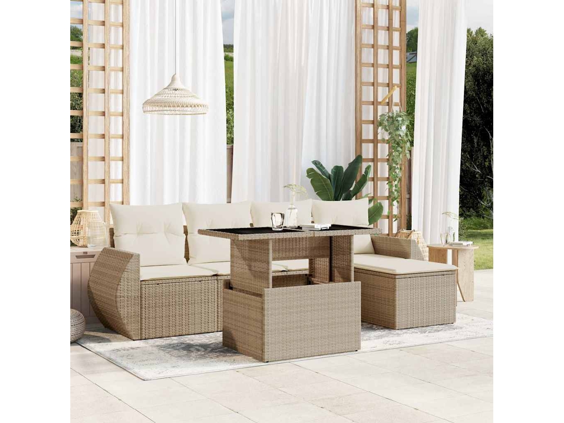 Vidaxl 6 Pcs Conjunto De Sofás P/ Jardim Com Almofadões Vime Pe Bege