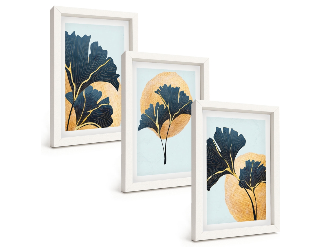 Composição De Quadros Folhas De Ginkgo, Fundo Claro Espelharte (3 Peças 20x30 Cm)