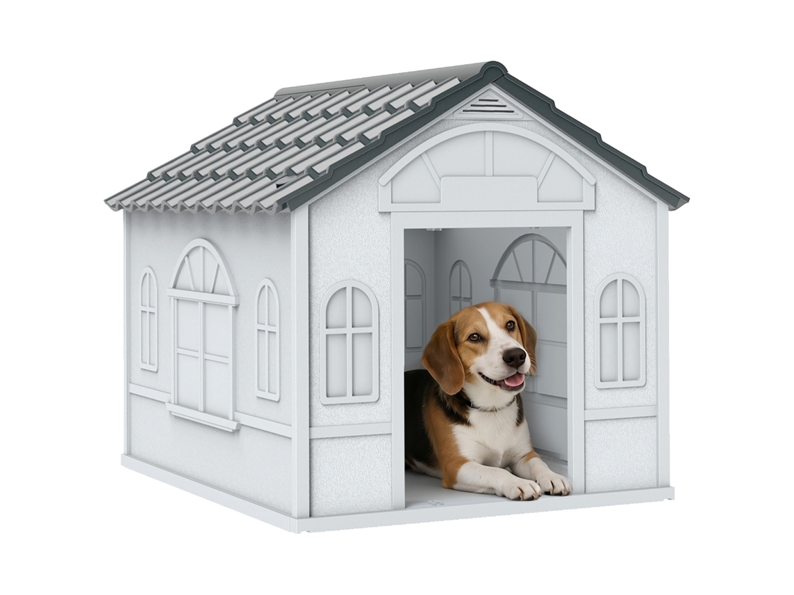 Casinha para Cães 65x75,7x63 Cm com Padrão de Janelas e Telhado Imitação para Cães Médios Cinza e Branco Ge