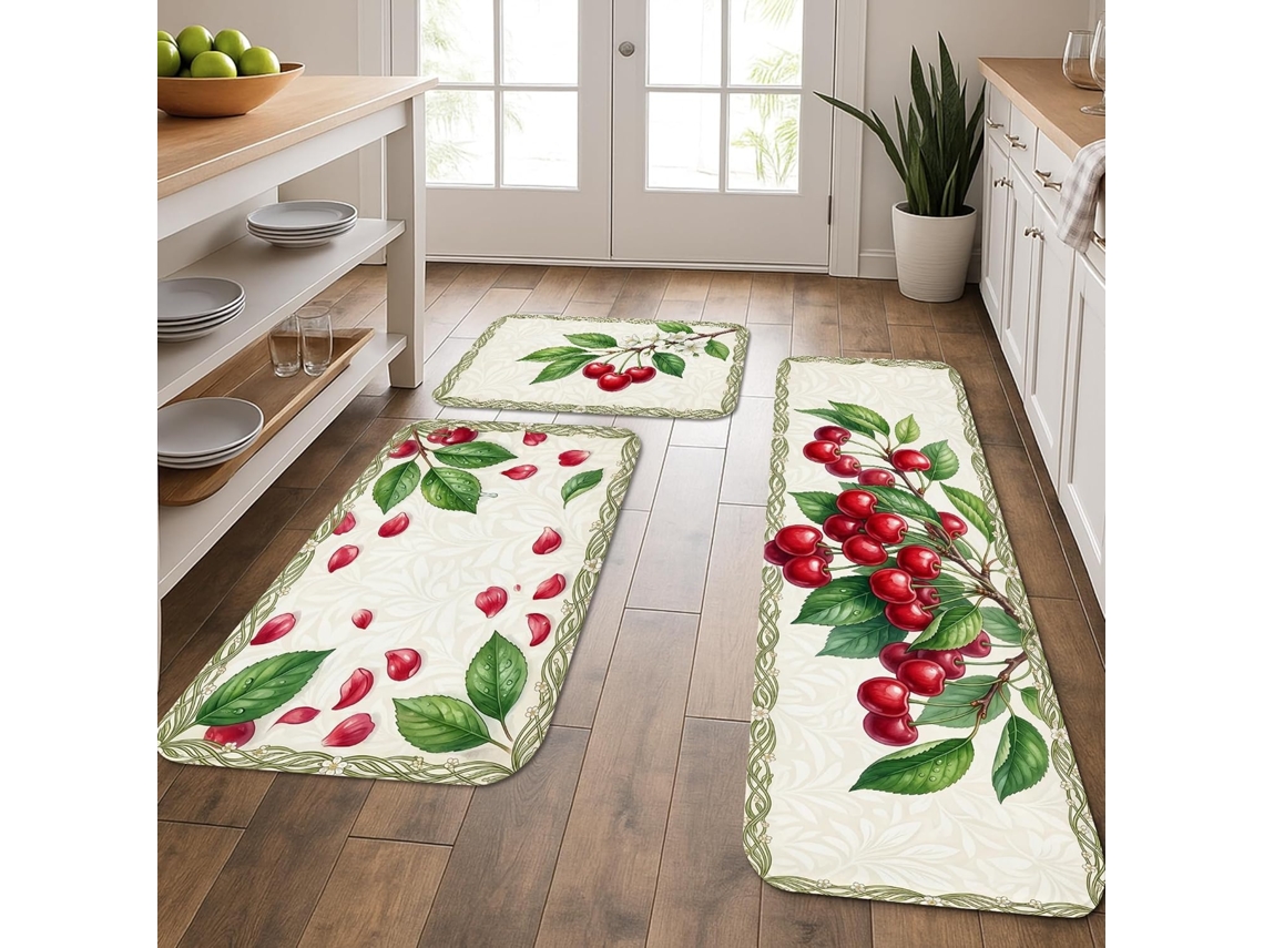 Tapetes de cozinha com estampa floral de cereja, clássicos, lisos, acolchoados e laváveis, ideais para pisos de cozinha.