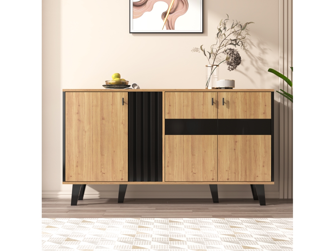 Buffet Baixo Com Led 3 Portas E 6 Compartimentos Natural E Preto Estilo