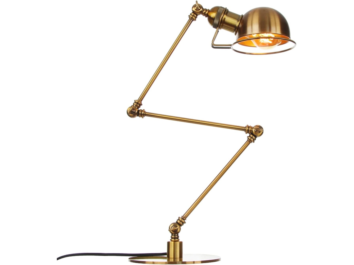 Luminária De Mesa Retrô Industrial Em Metal, Com Braço Longo Articulado, Dourada, Soquete E27, Ideal Para Leitura