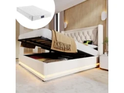 Cama Casal 140x200 Led Usb c Arrumação Bege