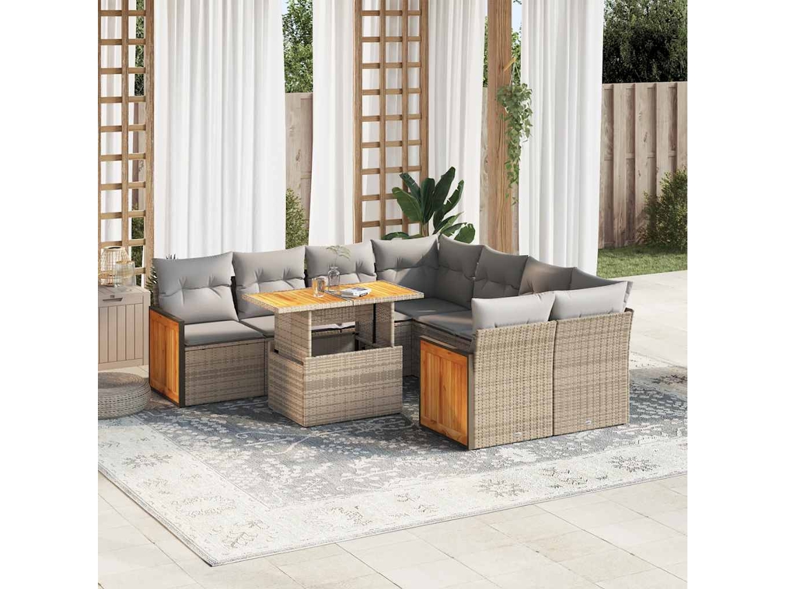 Vidaxl 9 Pcs Conjunto Sofás Jardim Com Almofadões Vime Pe/acácia Bege