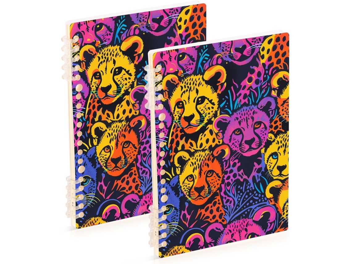 Conjunto de 2 Cadernos A5 com Estampa Filhotes Guepardo Arco íris, Encadernação em Espiral e (21,1 X 14,5 Cm)