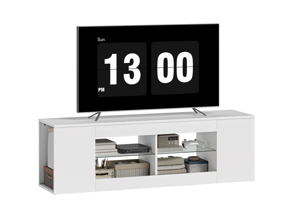 Suporte para TV 140cm,com 6 Compartimentos,Prateleiras de Vidro,Branco BTFORUS