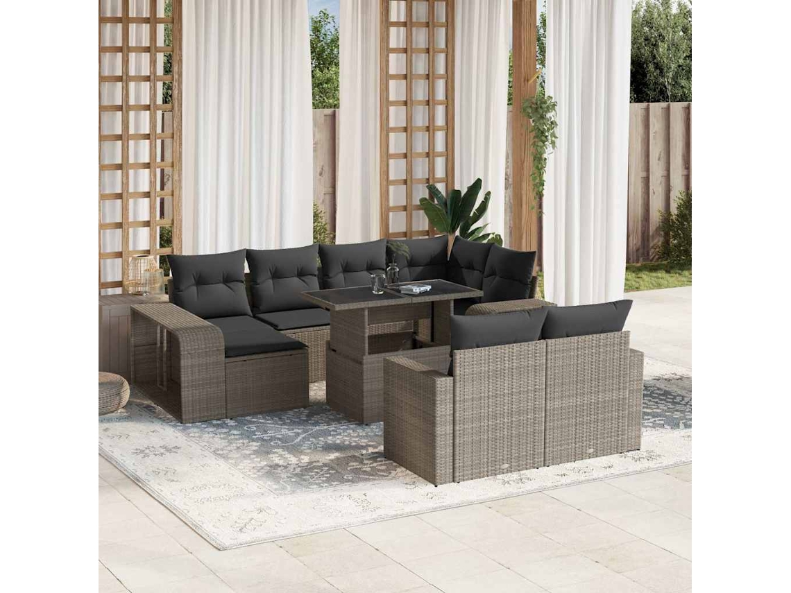 Vidaxl 11 Pcs Conjunto Sofás De Jardim C/ Almofadões Vime Pe Cinzento