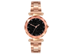Relógio de Pulso Feminino de Quartzo com Pulseira de Aço Mostrador Céu Estrelado Strass Ouro Rosa