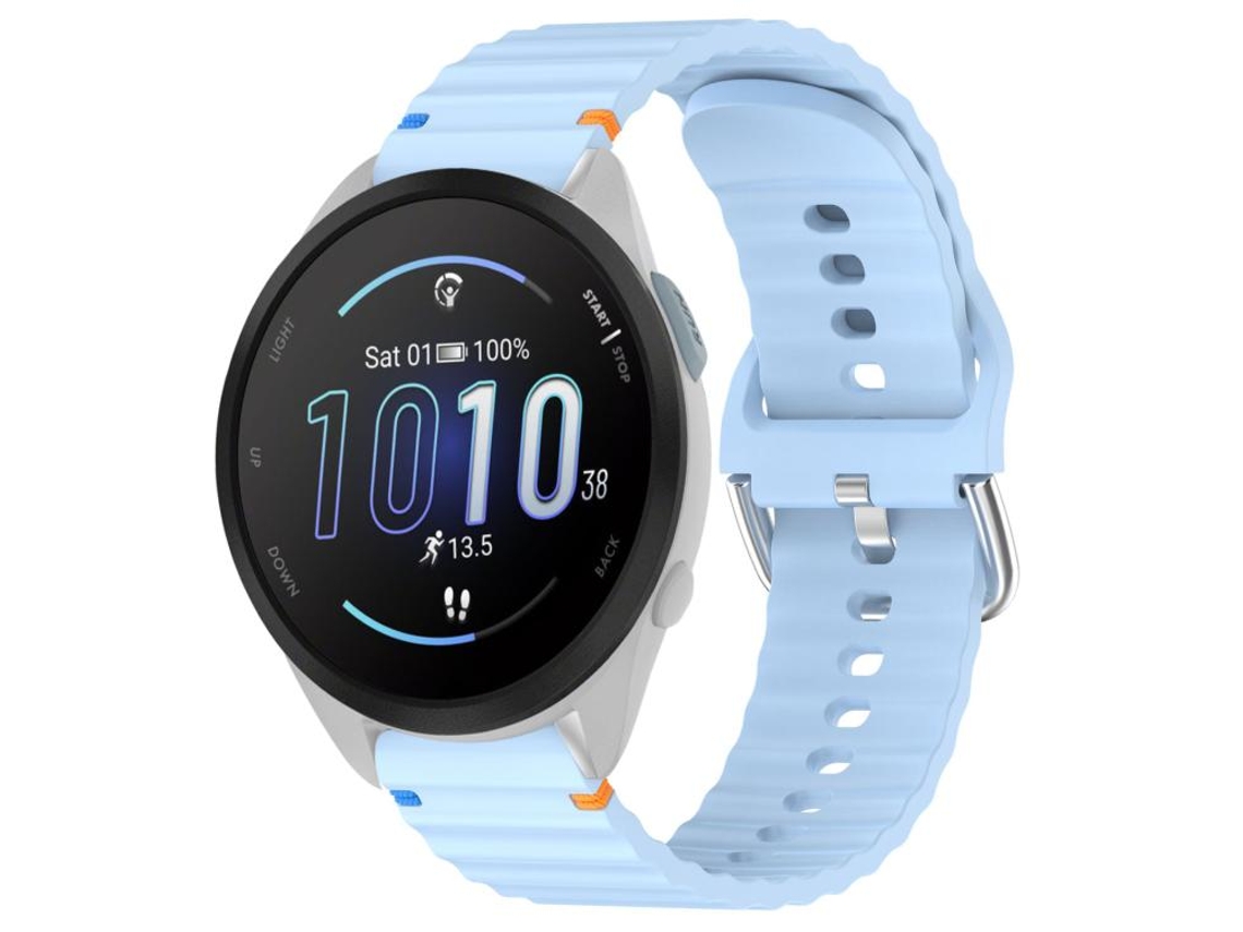 Bracelete Para Garmin Forerunner 165 (20mm) - Silicone - Grão Ondulado - Costurado Azul Claro