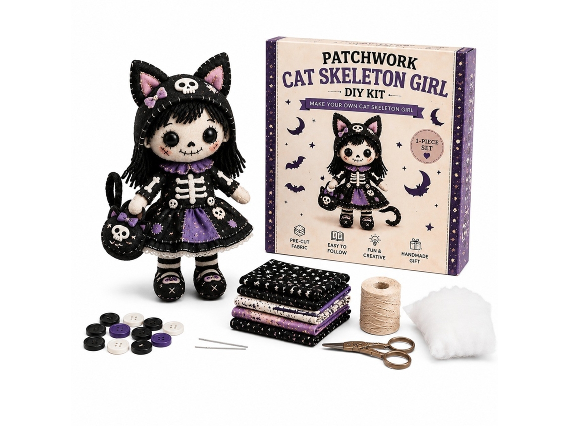 Kit De Costura E Patchwork (menina Esqueleto Com Gato - Modelo 122)